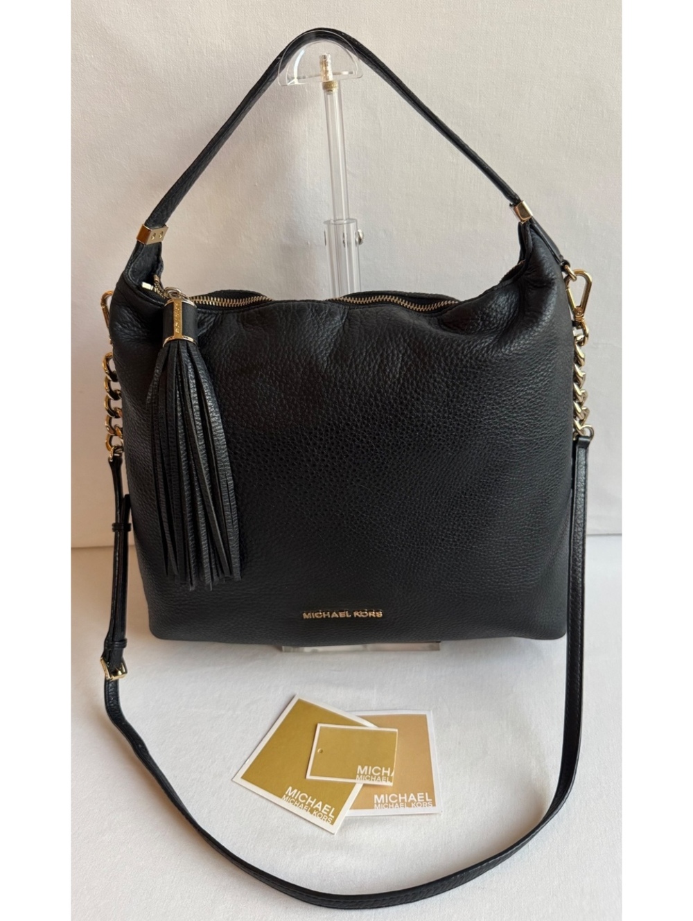 Michael Kors Black Pebbled Leather Hobo Shoulder Crossbody Bag Tassel Gold